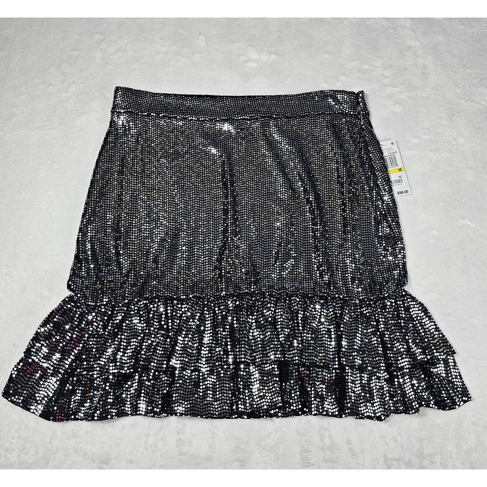 Michael Kors Medium Black Metallic Dot Tiered Ruffle Hem Skirt Whimsigoth Disco